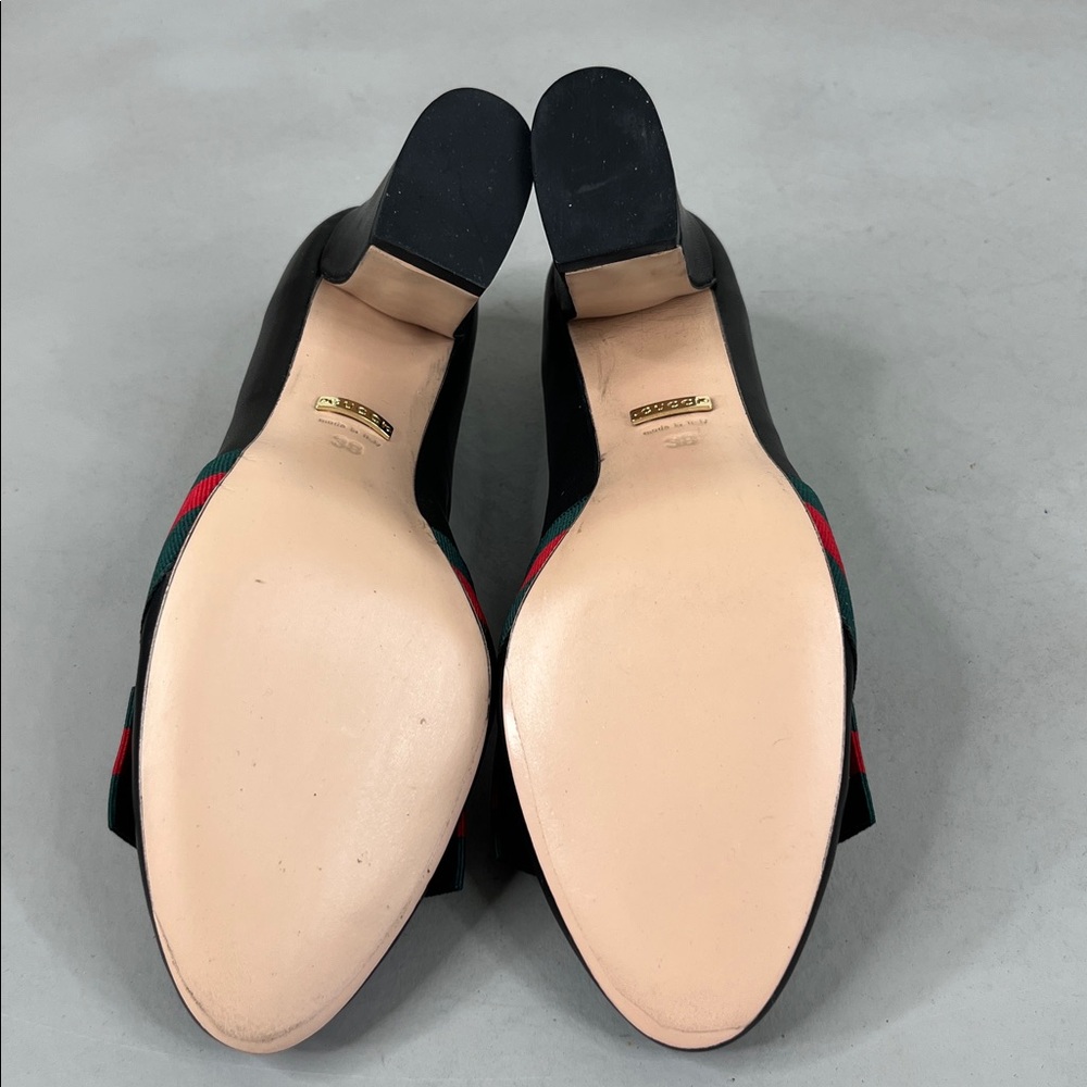 Gucci Aline Black Grosgrain Ribbon Gold Star Curved Block Heel Pumps - Picture 9 of 9